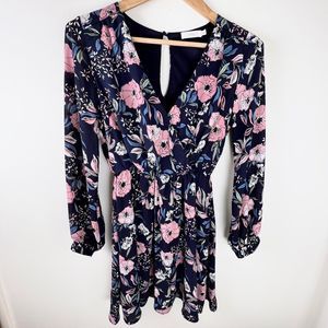 Lush Womens Floral Long Sleeve Mini Wrap Dress Size XS Navy Blue Pink